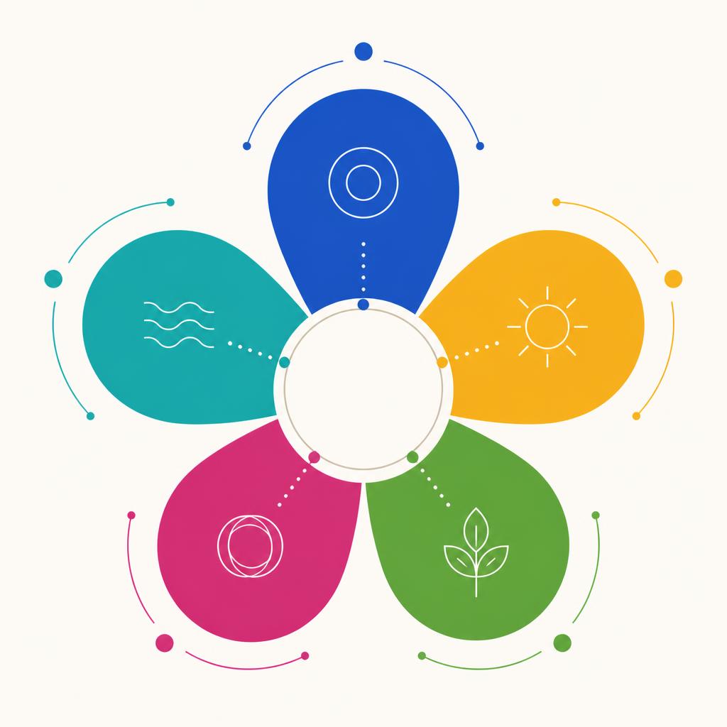 Ilustración abstracta de las cinco competencias CASEL como pétalos de color